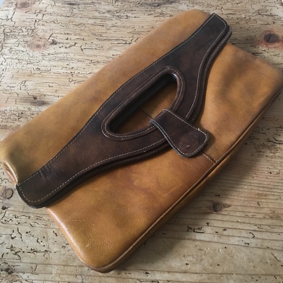 Vintage Handbags - Vintage 1970s Two-Tone Leather Foldover Clutch Purse Bag Brazil